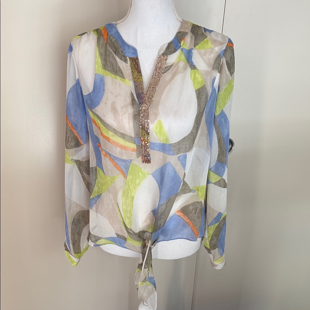 Chico's Sheer Abstract Print Blouse in Blue, Lime & Orange